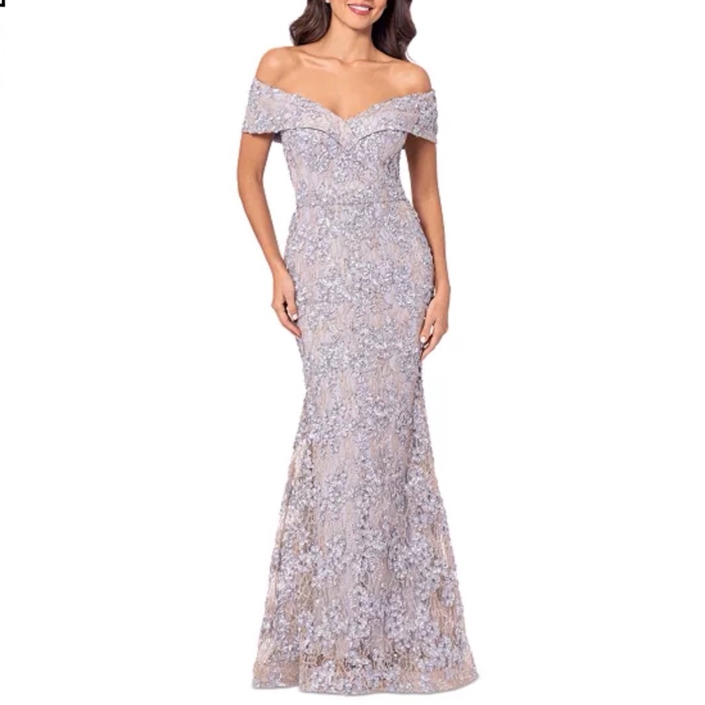 XSCAPE Lace Off The Shoulder Gown Floral Silver And Gold Size 10